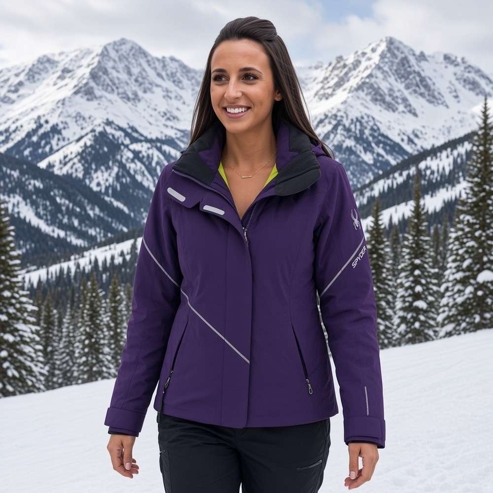 Spyder Womens Ski Jacket Purple Neon Lime Green Hooded Insulated Size 6